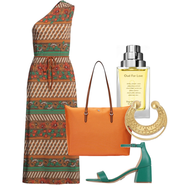 Outfit donna - Luglio. Stile Chic per Tutti i giorni. Abbinamento con vestiti lunghi, sandali in pelle, profumi, borse tote, orecchini.