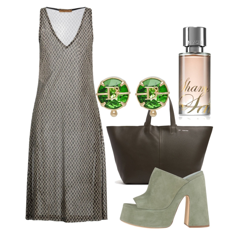 Outfit donna - Soft july. Stile Chic per Tutti i giorni. Abbinamento con orecchini, sandali in pelle, vestiti midi/longuette, profumi, shopping bag.