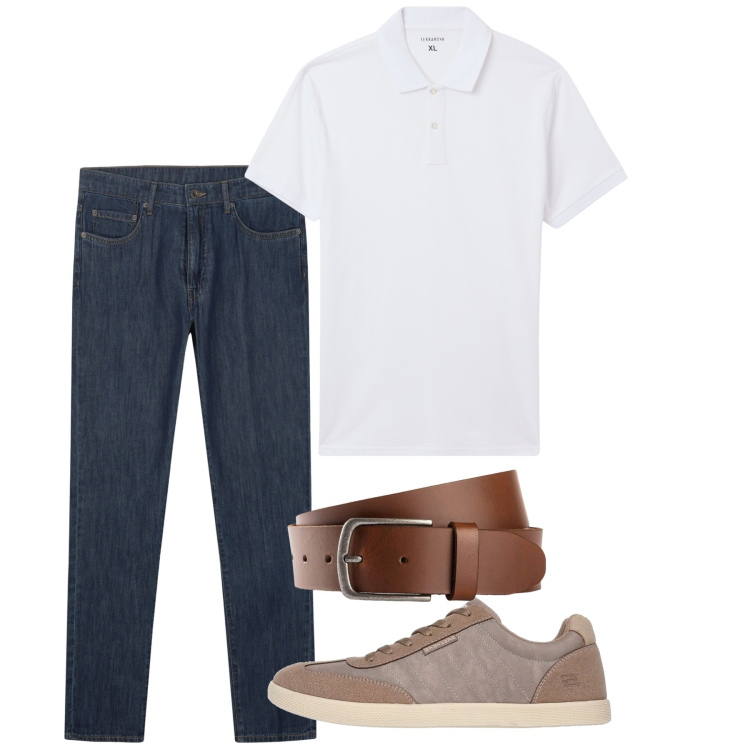 Outfit uomo - Luglio. Stile Casual per Tutti i giorni. Abbinamento con cinture, polo, jeans, scarpe stringate.