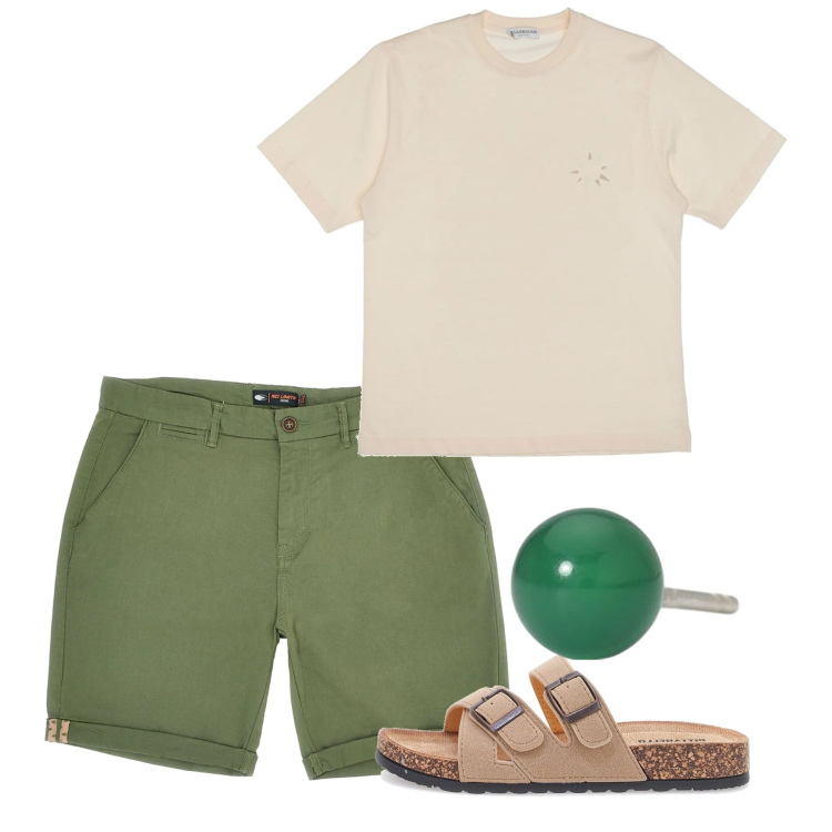 Outfit uomo - Weekend. Stile Casual per Tutti i giorni. Abbinamento con orecchini, t-shirt, sandali, pantaloni cargo.