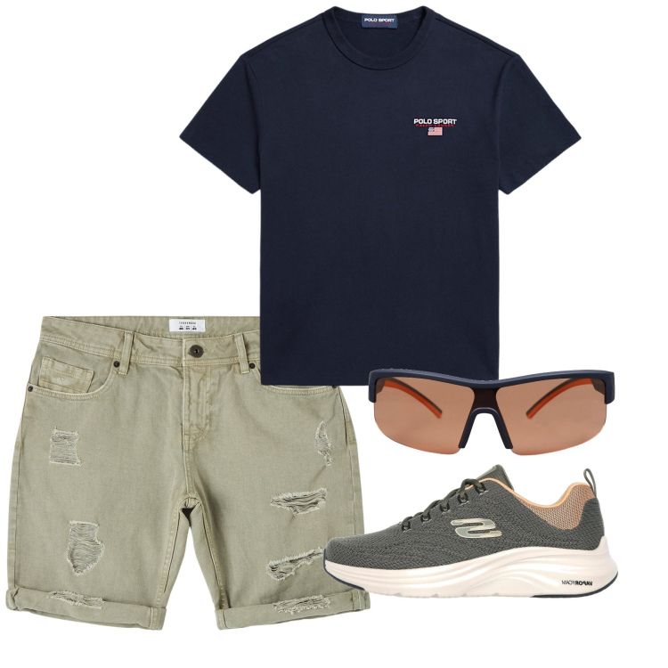 Outfit uomo - La tshirt scura. Stile Casual per Tutti i giorni. Abbinamento con occhiali da sole, bermuda, t-shirt, sneakers.