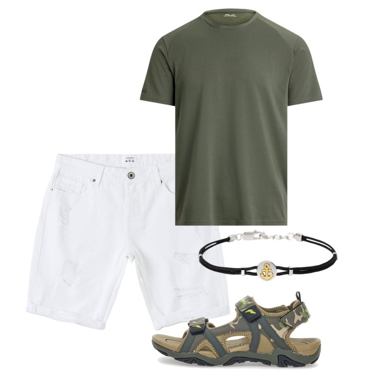 Outfit uomo - Oliva e bianco. Stile Casual per Tutti i giorni. Abbinamento con bermuda, braccialetti, t-shirt, sandali.