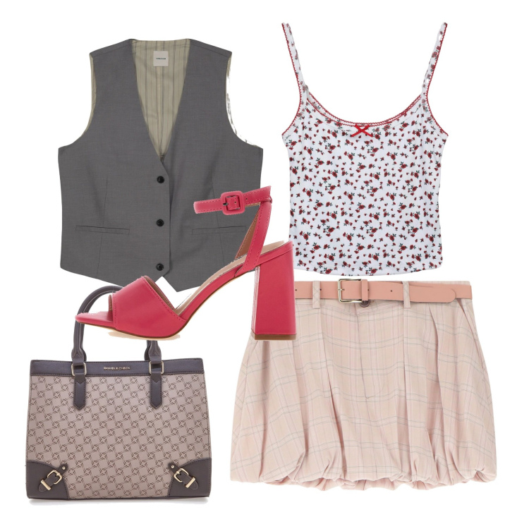 Outfit donna - Il gilet maschile. Stile Trendy per Tutti i giorni. Abbinamento con canottiere, minigonne, borse a tracolla, gilet, sandali col tacco.