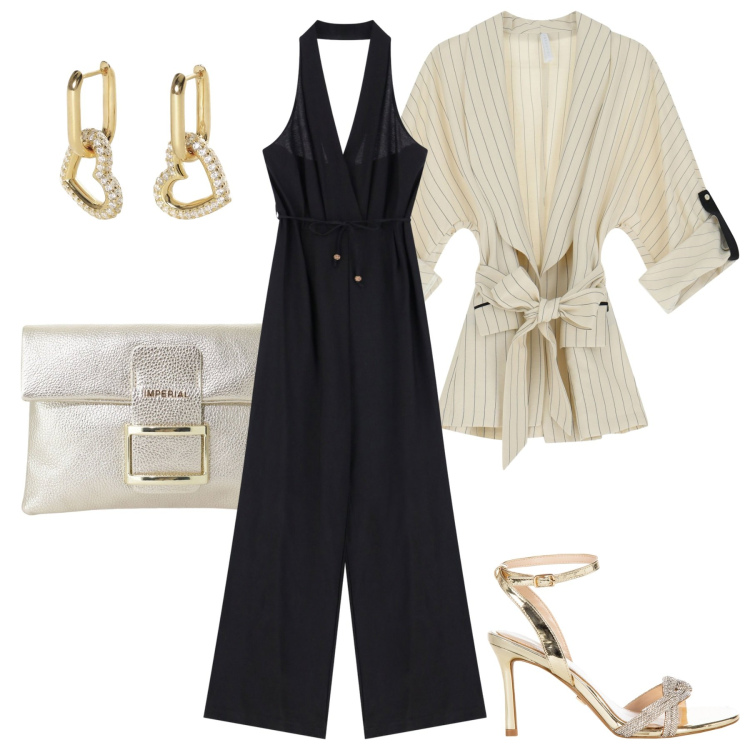 Outfit donna - Jumpsuit a Luglio. Stile Glamour per Serata fuori. Abbinamento con orecchini, sandali col tacco, blazer, pochette, tute.