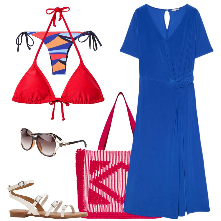 Outfit donna - Costume colorato. Stile Chic per Mare. Abbinamento con sandali, occhiali da sole, bikini, bikini, vestiti midi/longuette, borse a mano.