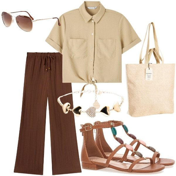 Outfit donna - Outifit di luglio. Stile Casual per Tutti i giorni. Abbinamento con occhiali da sole, pantaloni, camicie a manica corta, borse tote, braccialetti, sandali gioiello.