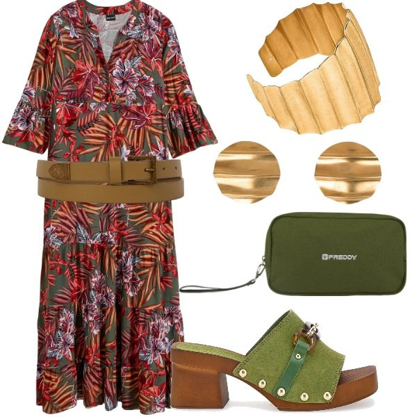 Outfit donna - Le serate di Luglio. Stile Casual per Serata fuori. Abbinamento con vestiti lunghi, valigie, cinture, zoccoli, braccialetti, orecchini.