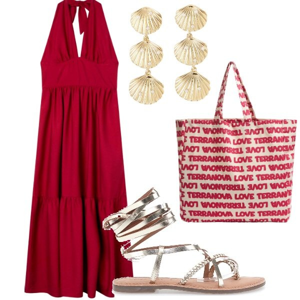 Outfit donna - Le serate di Luglio. Stile Casual chic per Serata fuori. Abbinamento con orecchini, vestiti lunghi, borse tote, sandali alla schiava.