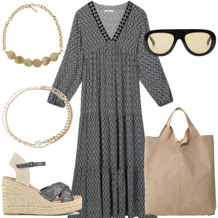 Outfit donna - Total look #2198928. Stile Boho per Tutti i giorni. Abbinamento con vestiti lunghi, occhiali da sole, collane, shopping bag, braccialetti, zeppe.