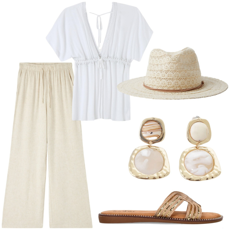 Outfit donna - Affrontare il caldo con stile. Stile Etnico per Tutti i giorni. Abbinamento con pantaloni, cappelli, caftani, orecchini, ciabatte.