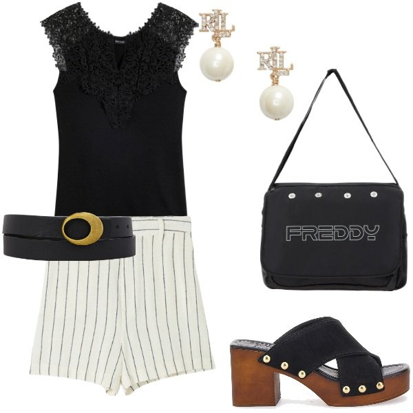 Outfit donna - Le serate di Luglio. Stile Casual chic per Serata fuori. Abbinamento con top, bermuda, borse messenger, orecchini, zoccoli, cinture.
