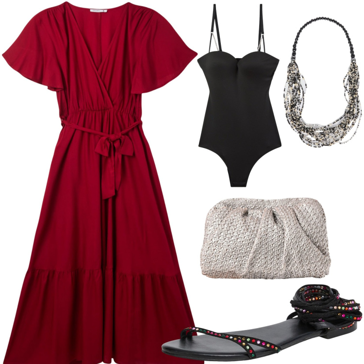 Outfit donna - Vacanza a Gallipoli. Stile Casual chic per Tutti i giorni. Abbinamento con body, sandali alla schiava, vestiti lunghi, clutch, collane.