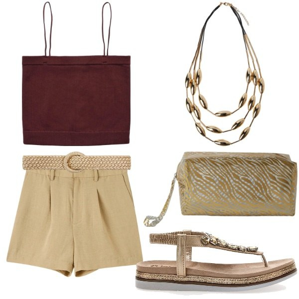 Outfit donna - Le serate di Luglio. Stile Casual chic per Serata fuori. Abbinamento con cinture, canottiere, bermuda, pochette, collane, sandali gioiello.