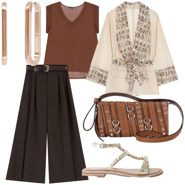 Outfit donna - Viaggio in turchia. per Serata fuori. Abbinamento con orecchini, borse a spalla, blazer, pantaloni a palazzo, sandali, top.