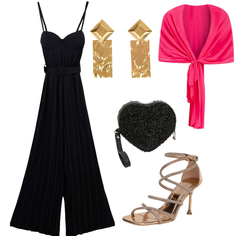 Outfit donna - Jumpsuit a luglio. per Serata fuori. Abbinamento con sandali col tacco, tute, portafogli, scialli, orecchini.