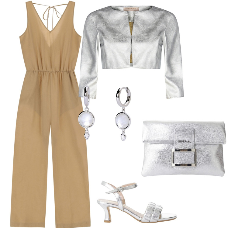 Outfit donna - Total look #2198957. Stile Chic per Serata fuori. Abbinamento con orecchini, bolero, tute, sandali col tacco, pochette.