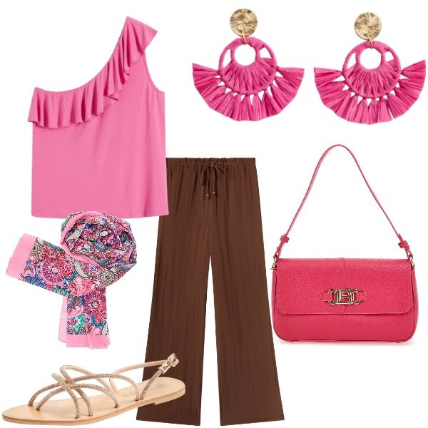 Outfit donna - Le serate di Luglio. Stile Casual chic per Serata fuori. Abbinamento con top, orecchini, pantaloni, sandali, foulard, borse a spalla.