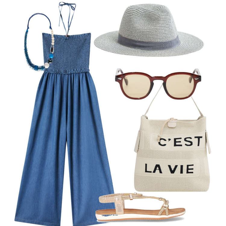 Outfit donna - Jumpsuit a luglio. per Tutti i giorni. Abbinamento con tute, cappelli, borse a mano, occhiali da sole, collane, sandali in pelle.