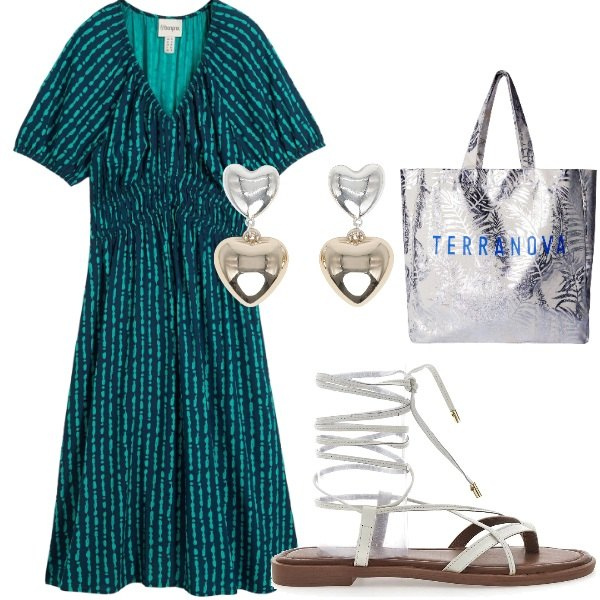 Outfit donna - Le serate di Luglio. Stile Casual per Serata fuori. Abbinamento con vestiti midi/longuette, borse tote, orecchini, sandali alla schiava.