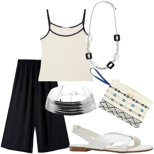 Outfit donna - Serata tra amici. Stile Casual chic per Serata fuori. Abbinamento con sandali, top, pantaloni a palazzo, braccialetti, pochette, collane.