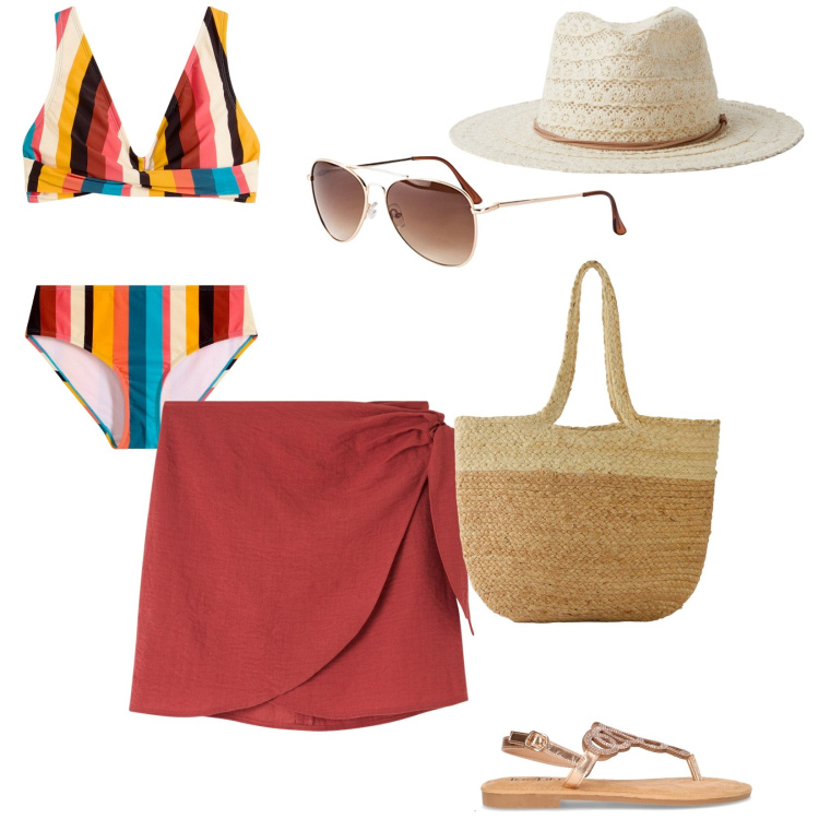 Outfit donna - Costumi colorati. per Mare. Abbinamento con occhiali da sole, bikini, shopping bag, vestiti da spiaggia, cappelli, sandali in pelle.