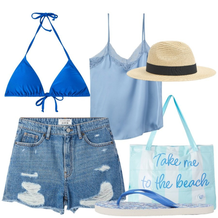 Outfit donna - Total look #2198974. Stile Rock per Mare. Abbinamento con borse tote, cappelli, infradito, shorts, bikini, top.