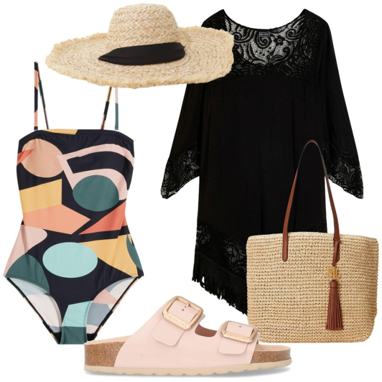 Outfit donna - Total look #2198975. Stile Etnico per Mare. Abbinamento con vestiti da spiaggia, costumi interi, cappelli, borse tote, ciabatte.