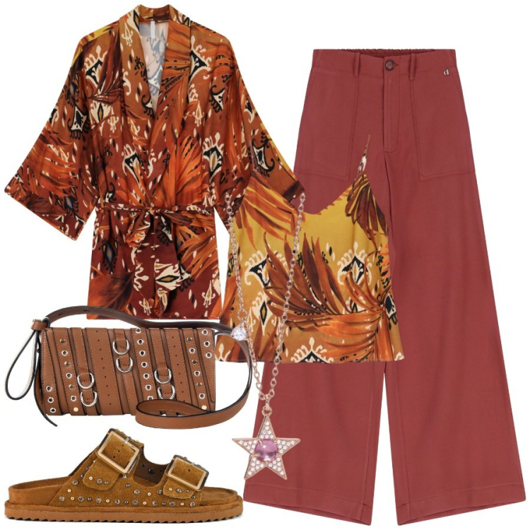 Outfit donna - Viaggio in Turchia. Stile Etnico per Tutti i giorni. Abbinamento con collane, borse a spalla, canottiere, kimono, pantaloni, sandali.
