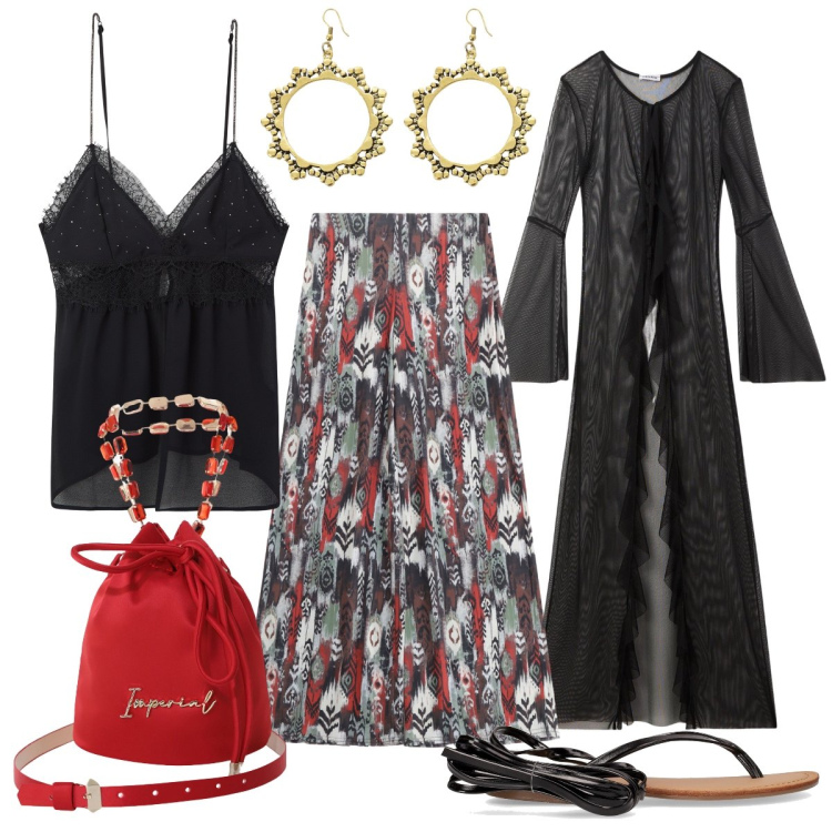 Outfit donna - Modernità e tradizione. Stile Etnico per Tutti i giorni. Abbinamento con caftani, canottiere, pantaloni, borse a secchiello, orecchini, sandali alla schiava.