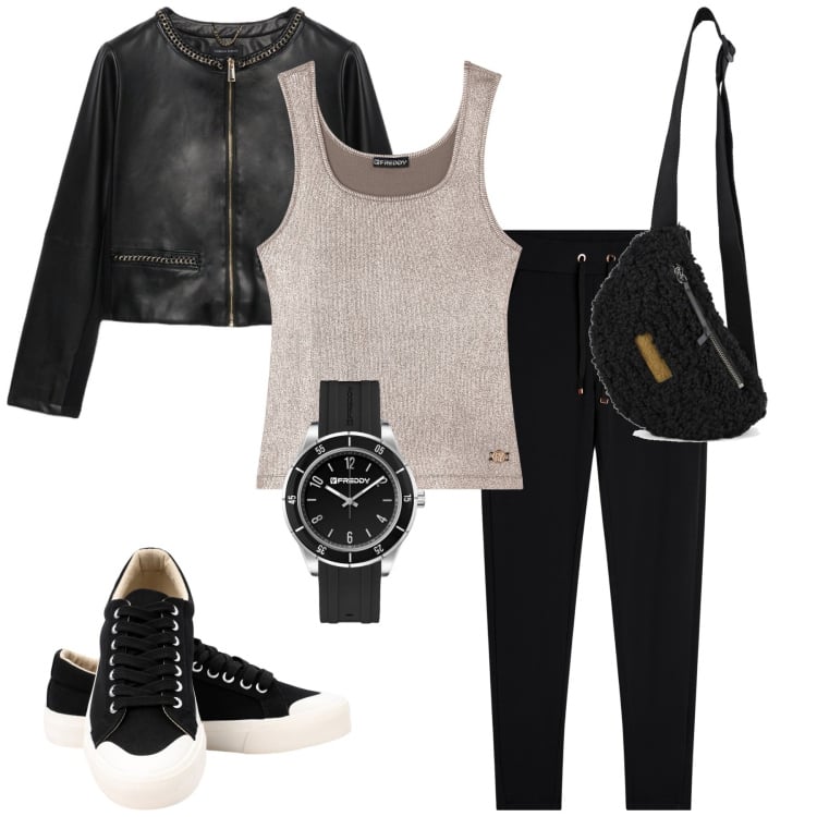Outfit donna - Sportiva ma chic. Stile Sporty chic per Tutti i giorni. Abbinamento con pantaloni, orologi, canottiere, blazer, sneakers, marsupi.