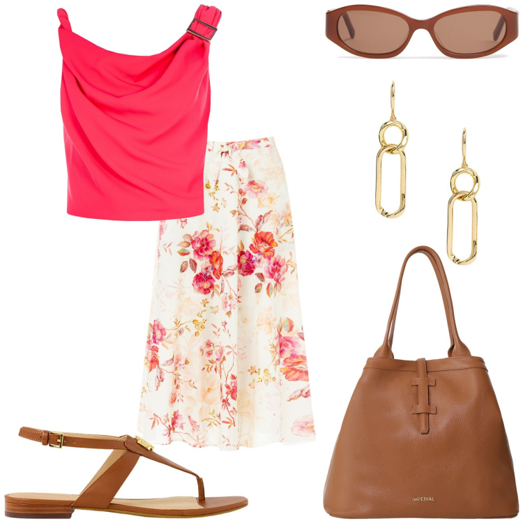 Outfit donna - Gonna fiorata e top. Stile Bon Ton per Tutti i giorni. Abbinamento con borse tote, gonne longuette, top, sandali, orecchini, occhiali da sole.