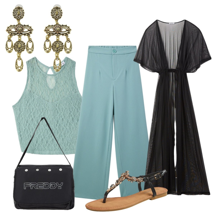 Outfit donna - Gli orecchini bizantini. Stile Etnico per Tutti i giorni. Abbinamento con top, pantaloni, sandali gioiello, caftani, borse messenger, orecchini.