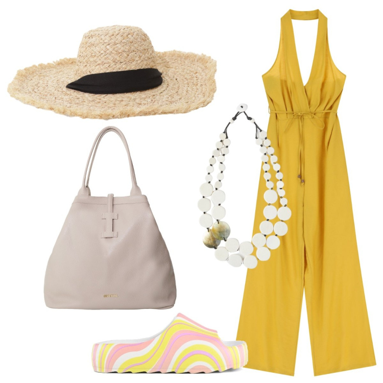 Outfit donna - La jumpsuit giallo sole. Stile Glamour per Tutti i giorni. Abbinamento con borse tote, cappelli, tute, ciabatte, ciondoli.
