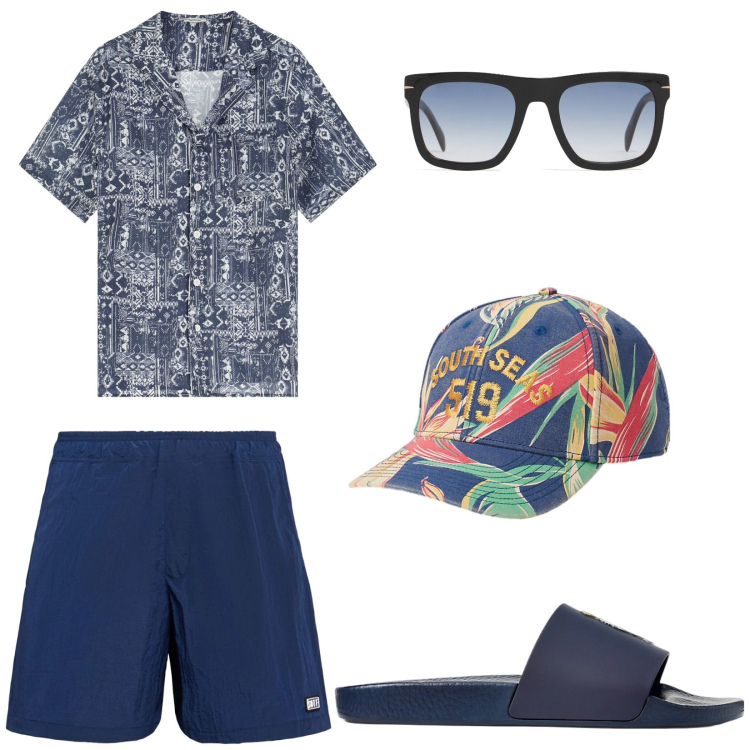 Outfit uomo - Beach to bar. Stile Trendy per Mare. Abbinamento con camicie a manica corta, sandali, cappelli, occhiali da sole, shorts.