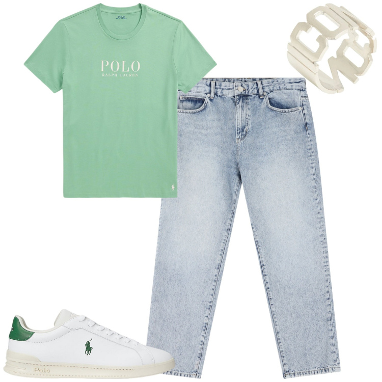 Outfit uomo - Luglio. Stile Casual per Tutti i giorni. Abbinamento con anelli, jeans dritti, t-shirt, sneakers.
