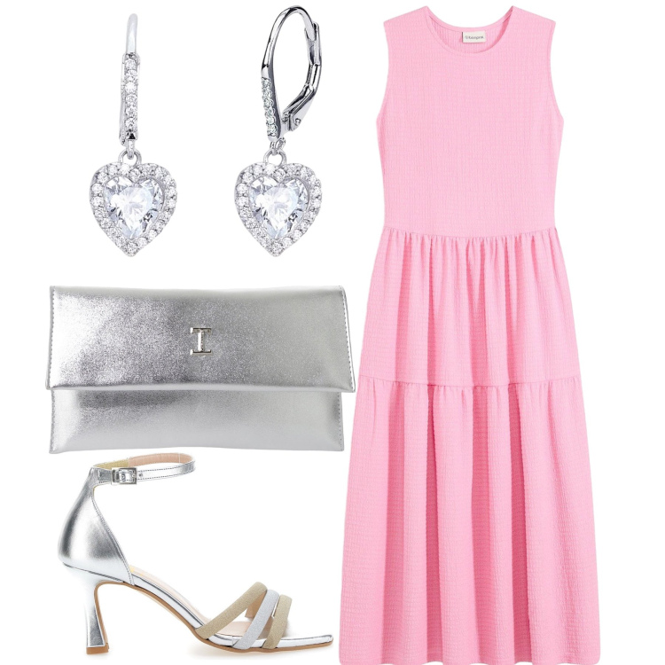 Outfit donna - Abito semplice con accessori wow. Stile Bon Ton per Cerimonia. Abbinamento con vestiti midi/longuette, orecchini, pochette, sandali col tacco.