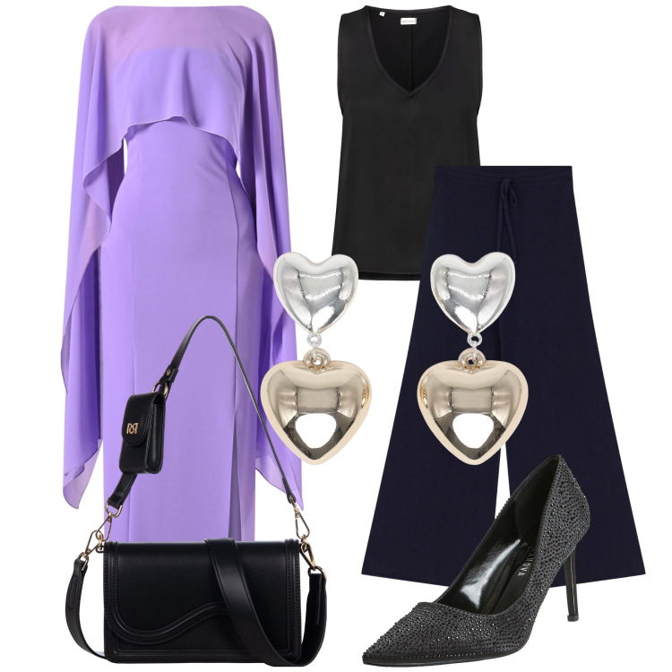 Outfit donna - Evento importante. Stile Glamour per Serata fuori. Abbinamento con décolleté, orecchini, blazer, pochette, pantaloni, top.