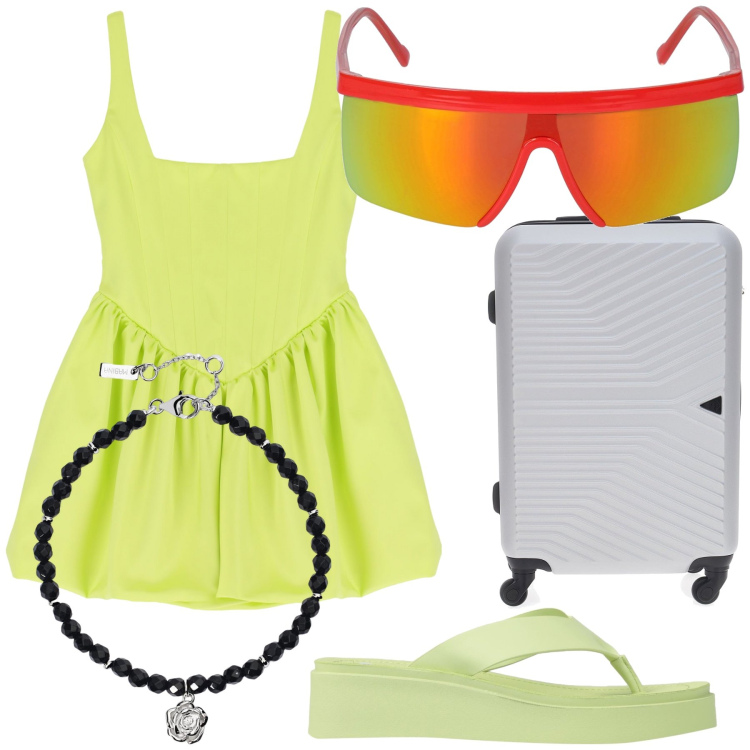 Outfit donna - Fresco e allegro viaggio. Stile Trendy per Tutti i giorni. Abbinamento con infradito, braccialetti, vestiti corti, occhiali da sole, valigie.