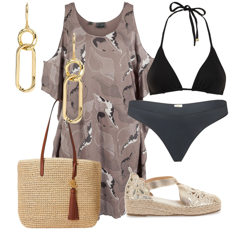 Outfit donna - Originale copricostume. Stile Trendy per Mare. Abbinamento con vestiti da spiaggia, borse tote, orecchini, bikini, bikini, espadrillas.