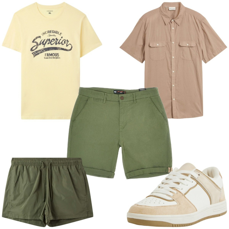 Outfit uomo - Colori solari: e sei già al mare!. Stile Trendy per Mare. Abbinamento con camicie a manica corta, t-shirt, costumi, sneakers, pantaloni cargo.