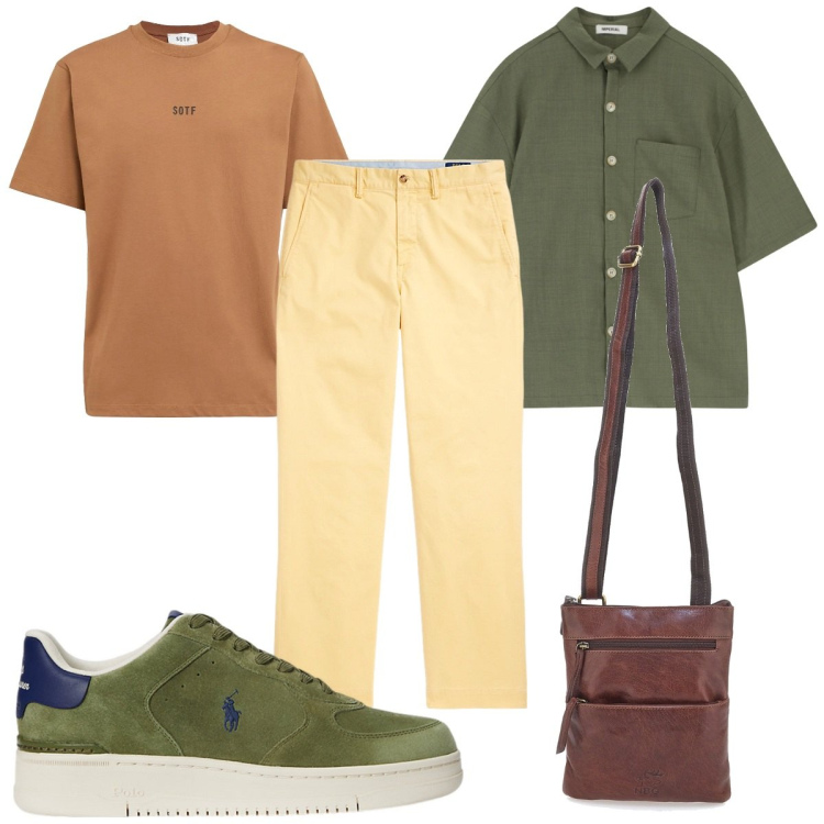 Outfit uomo - Colori solari in città. Stile Trendy per Tutti i giorni. Abbinamento con camicie a manica corta, sneakers, pantaloni, portafogli, t-shirt.