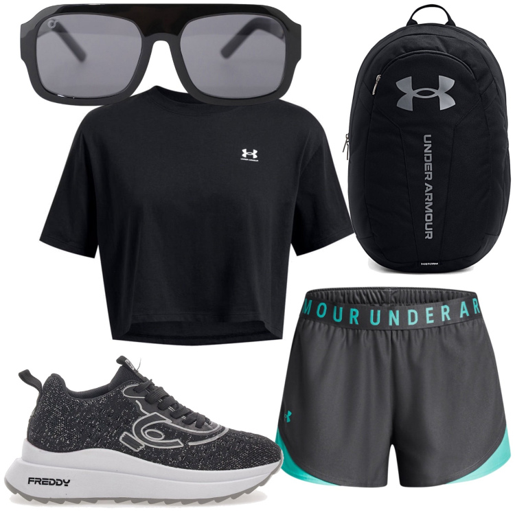 Outfit donna - Sempre evviva lo sport. Stile Basic per Sport. Abbinamento con occhiali da sole, sneakers, shorts, t-shirt, zaini.