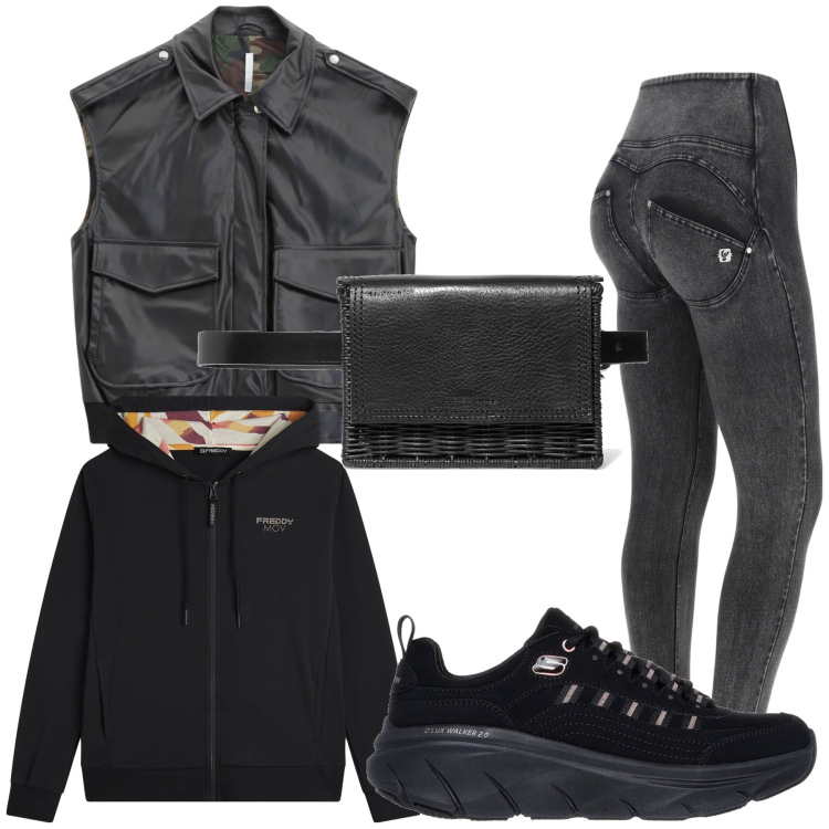 Outfit donna - Fresco di montagna. Stile Casual per Tutti i giorni. Abbinamento con marsupi, gilet, jeans skinny, felpe con cappuccio, sneakers.