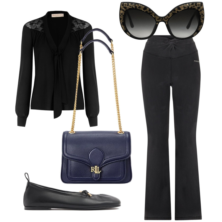 Outfit donna - Chic basico. Stile Urban per Ufficio. Abbinamento con occhiali da sole, bluse, jeggings, borse a spalla, ballerine.