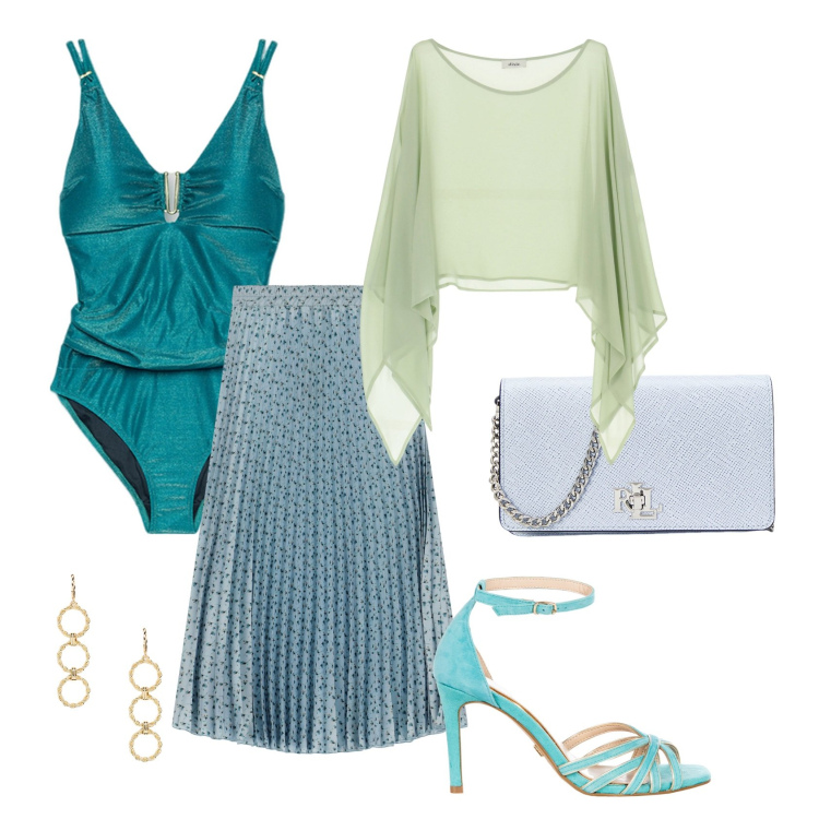 Outfit donna - Total look #2199013. Stile Glamour per Mare. Abbinamento con sandali col tacco, camicie, gonne lunghe, orecchini, borse a tracolla, costumi interi.