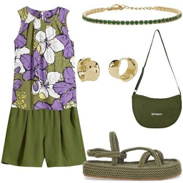 Outfit donna - Le serate di Luglio. Stile Casual per Serata fuori. Abbinamento con bermuda, top, braccialetti, orecchini, borse a spalla, sandali.