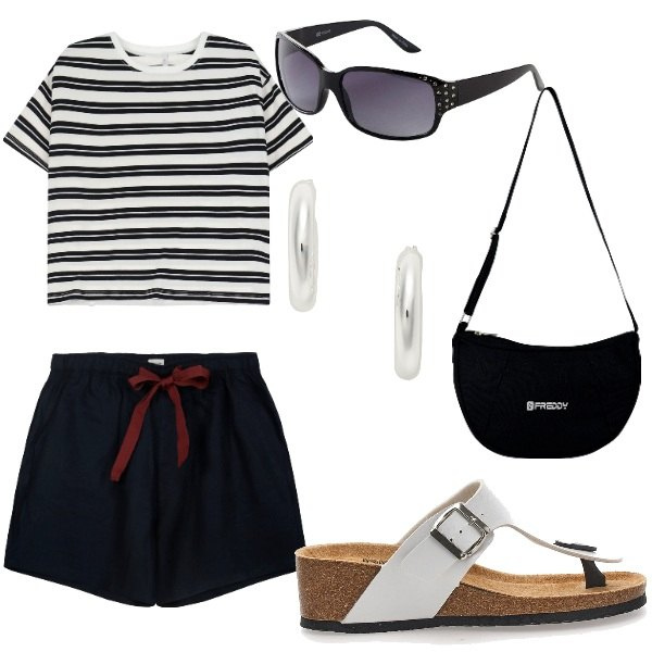 Outfit donna - Outifit di luglio. Stile Casual per Tutti i giorni. Abbinamento con occhiali da sole, t-shirt, borse a spalla, orecchini, infradito, shorts.