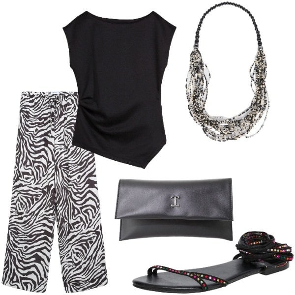 Outfit donna - Cena a casa di amici. Stile Casual chic per Serata fuori. Abbinamento con top, pantaloni, sandali alla schiava, pochette, collane.