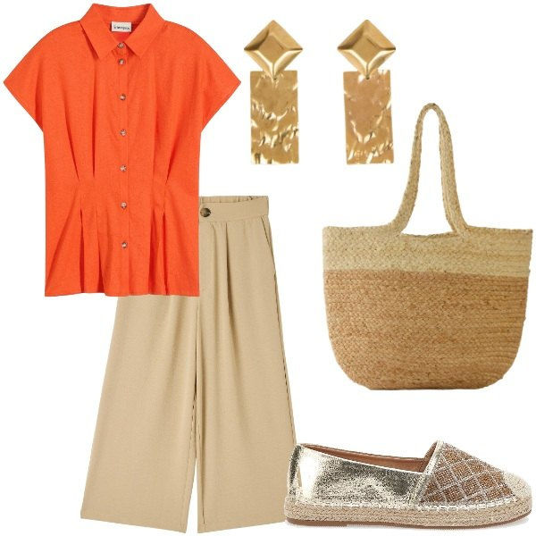Outfit donna - Outifit di luglio. Stile Casual chic per Serata fuori. Abbinamento con bluse, shopping bag, pantaloni a palazzo, espadrillas, orecchini.