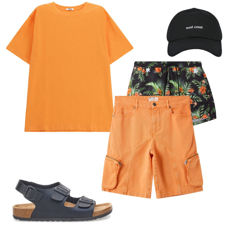 Outfit uomo - Stile beach to bar. Stile Casual per Mare. Abbinamento con cappelli con visiera, pantaloni corti, costumi, t-shirt, sandali.